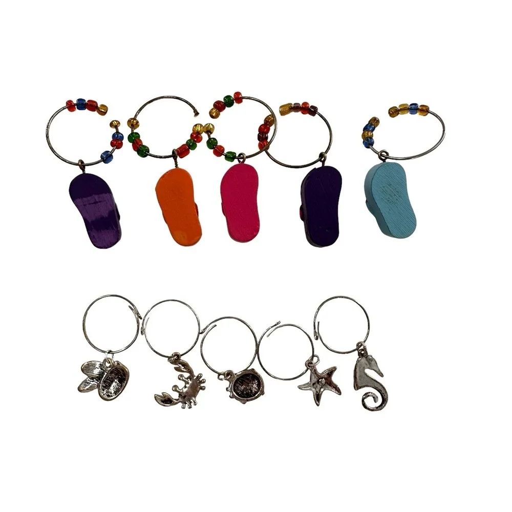 Wine Glass Charms Set 10 Beach Flip Flops Sea Bee Starfish‎ Drink Identifiers